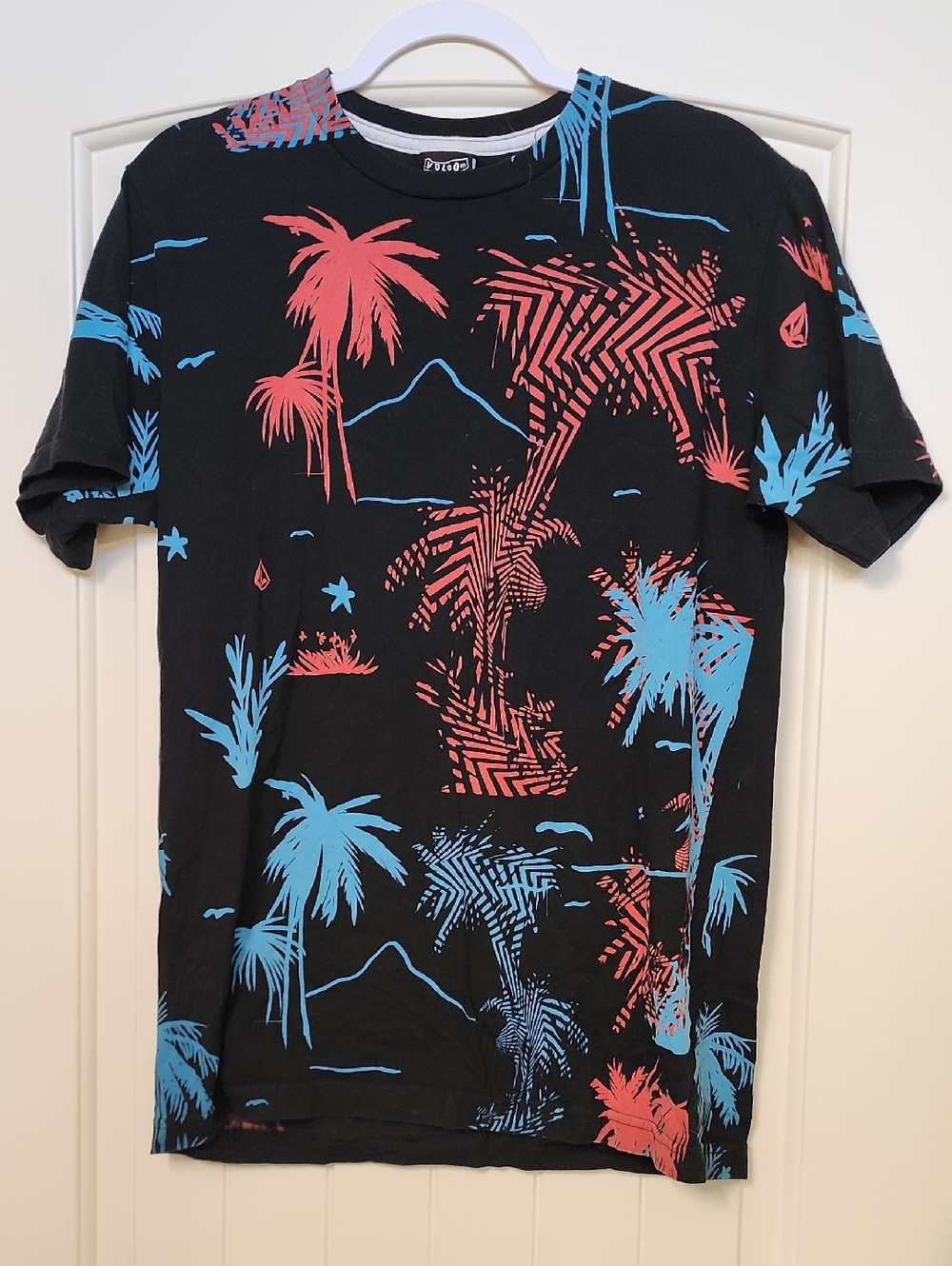 Volcom Black Short-Sleeve T-Shirt with Red & Blue Palm Print